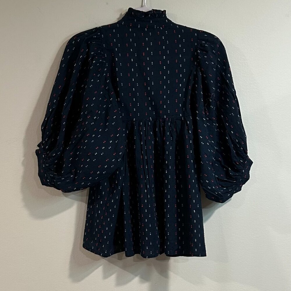 Never A Wallflower Women's Sz L Navy High Neck Ruffle Top Cotton Short Sleeve - Picture 4 of 4